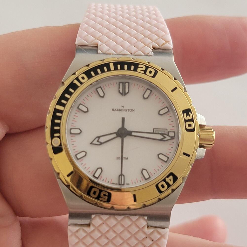 Harrington Womens Watch 36mm White Dial Silver Case Gold Bezel Pink Silicone